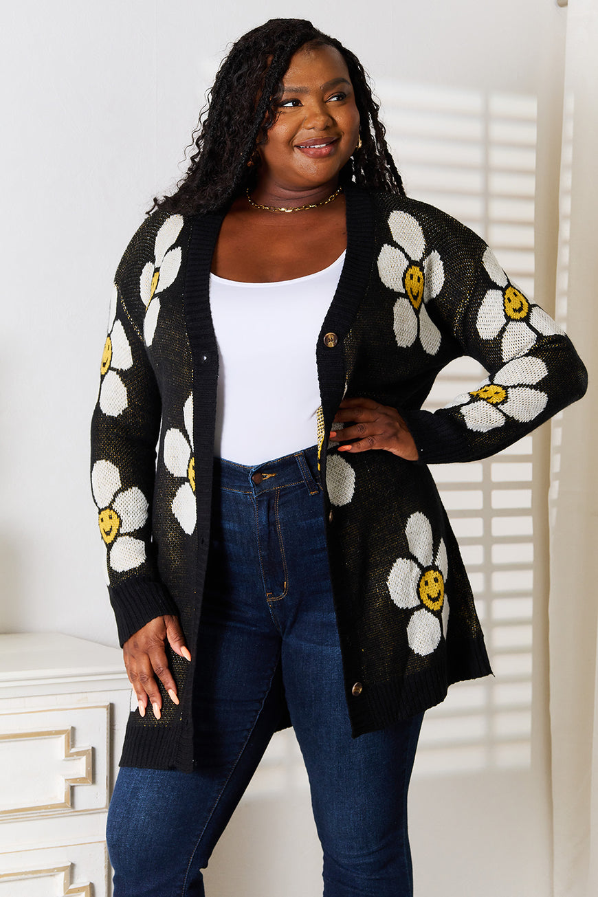 Double Take Floral Button Down Longline Cardigan - TopFashionHQ