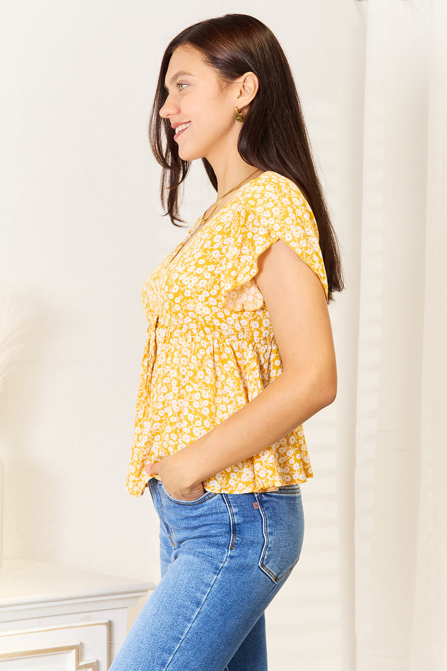 Double Take Floral Petal Sleeve Babydoll Top - TopFashionHQ