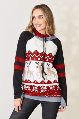 Double Take Full Size Christmas Drawstring Long Sleeve Hoodie - TopFashionHQ