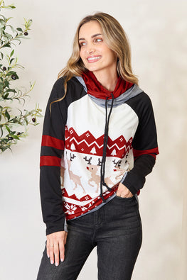 Double Take Full Size Christmas Drawstring Long Sleeve Hoodie - TopFashionHQ