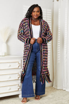 Double Take Full Size Multicolored Open Front Fringe Hem Cardigan - TopFashionHQ