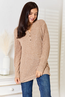 Double Take Notched Neck Ribbed Long Sleeve T-Shirt - TopFashionHQ