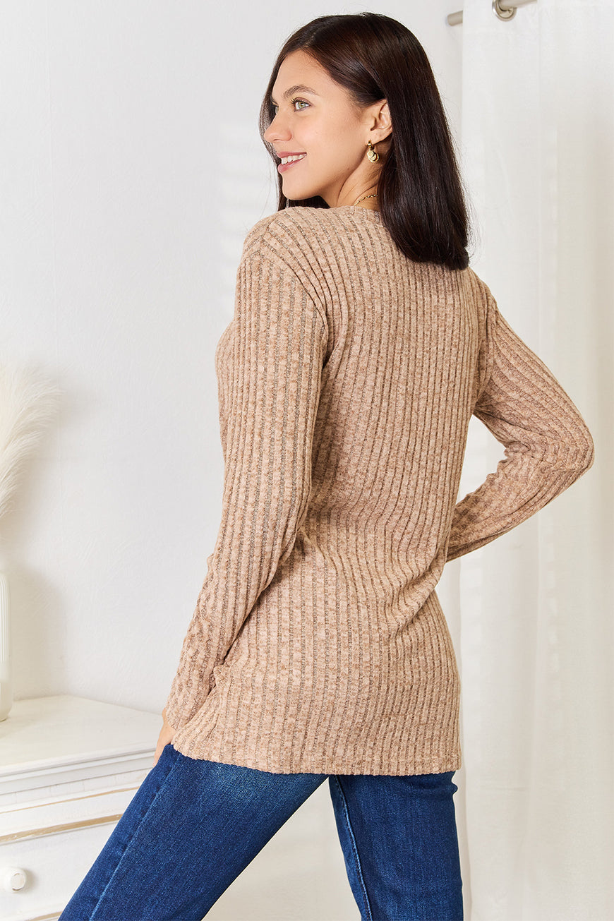 Double Take Notched Neck Ribbed Long Sleeve T-Shirt - TopFashionHQ