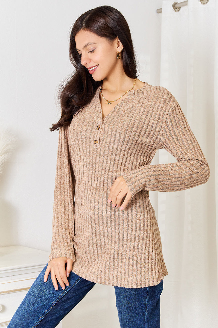 Double Take Notched Neck Ribbed Long Sleeve T-Shirt - TopFashionHQ