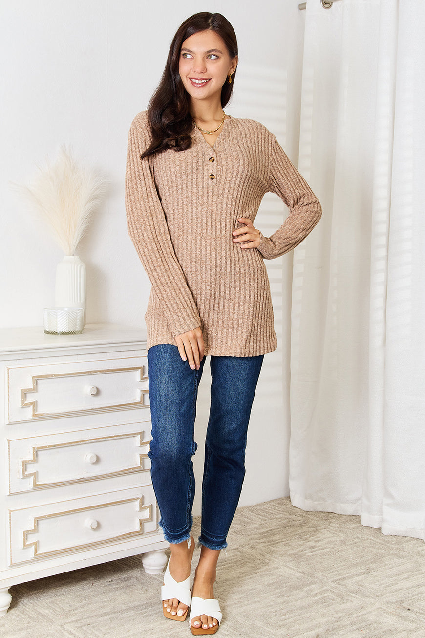 Double Take Notched Neck Ribbed Long Sleeve T-Shirt - TopFashionHQ