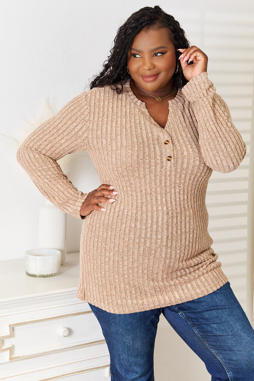 Double Take Notched Neck Ribbed Long Sleeve T-Shirt - TopFashionHQ