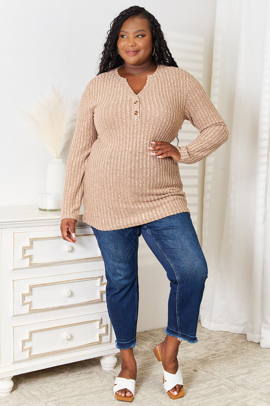 Double Take Notched Neck Ribbed Long Sleeve T-Shirt - TopFashionHQ