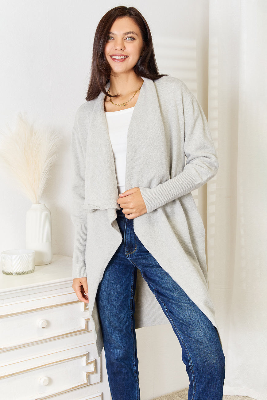 Double Take Open Front Duster Cardigan with Pockets - TopFashionHQ