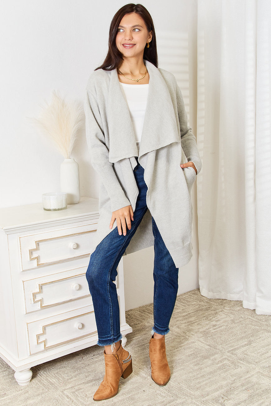 Double Take Open Front Duster Cardigan with Pockets - TopFashionHQ