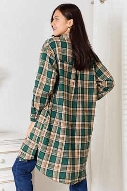 Double Take Plaid Collared Neck Long Sleeve Shirt - TopFashionHQ