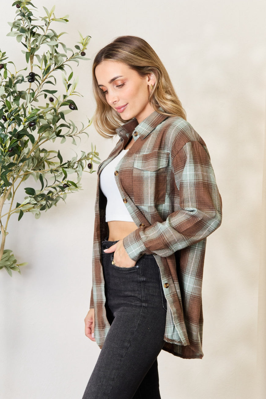 Double Take Plaid Dropped Shoulder Shirt - TopFashionHQ