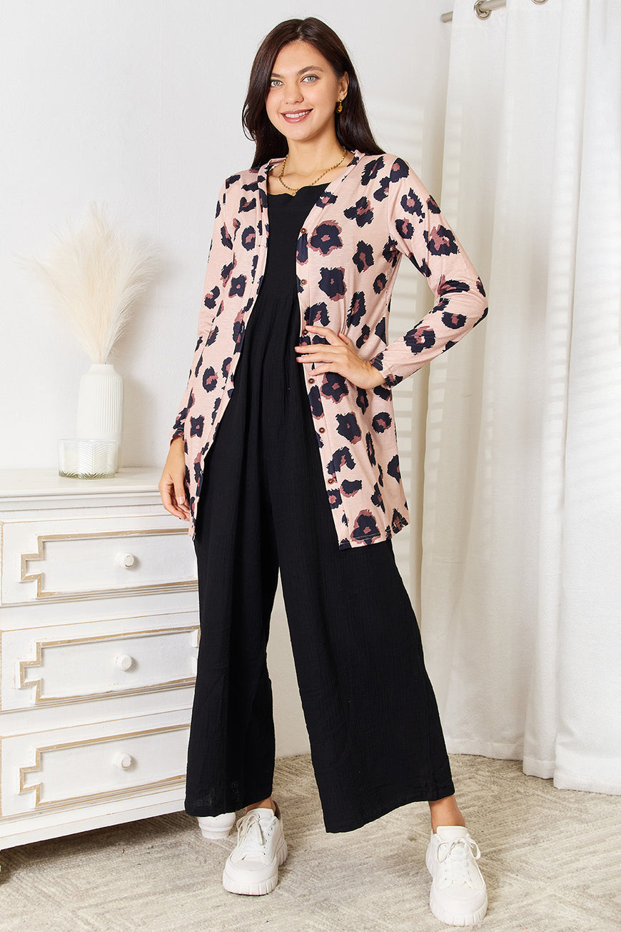 Double Take Printed Button Front Longline Cardigan - TopFashionHQ
