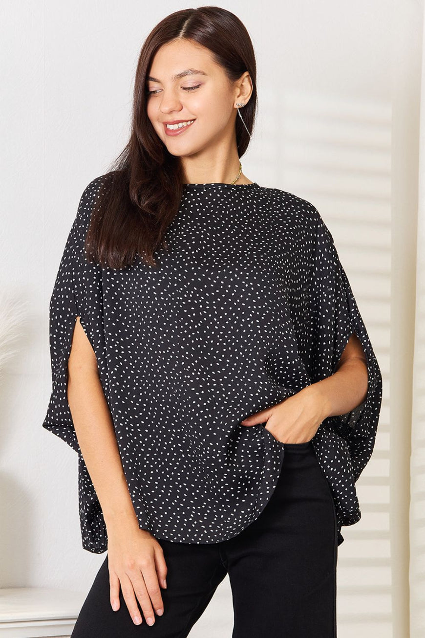 Double Take Printed Dolman Sleeve Round Neck Blouse - TopFashionHQ