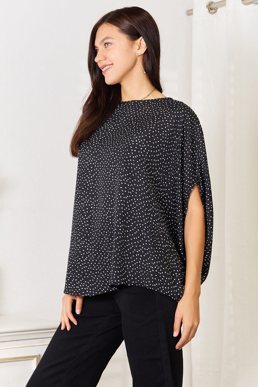 Double Take Printed Dolman Sleeve Round Neck Blouse - TopFashionHQ