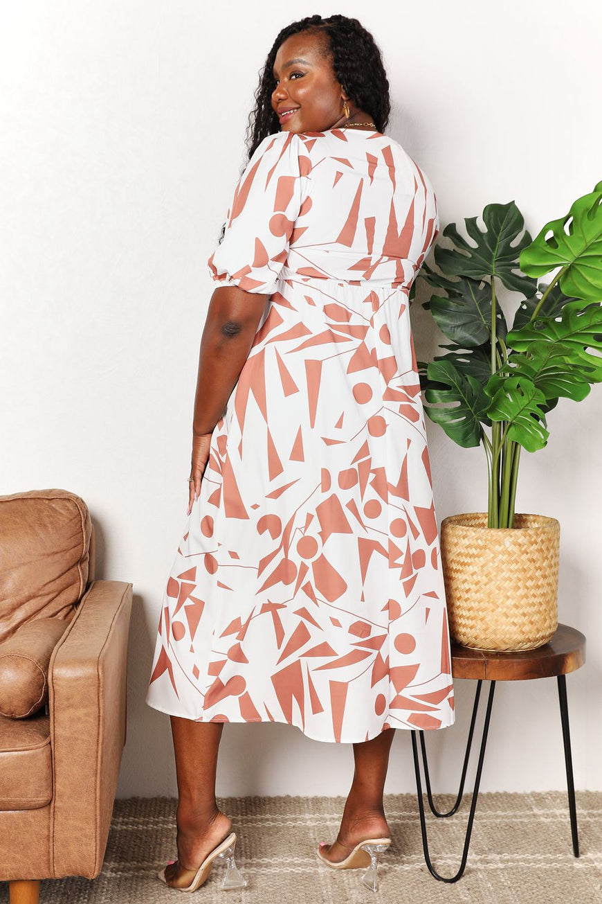 Double Take Printed Surplice Balloon Sleeve Dress - TopFashionHQ