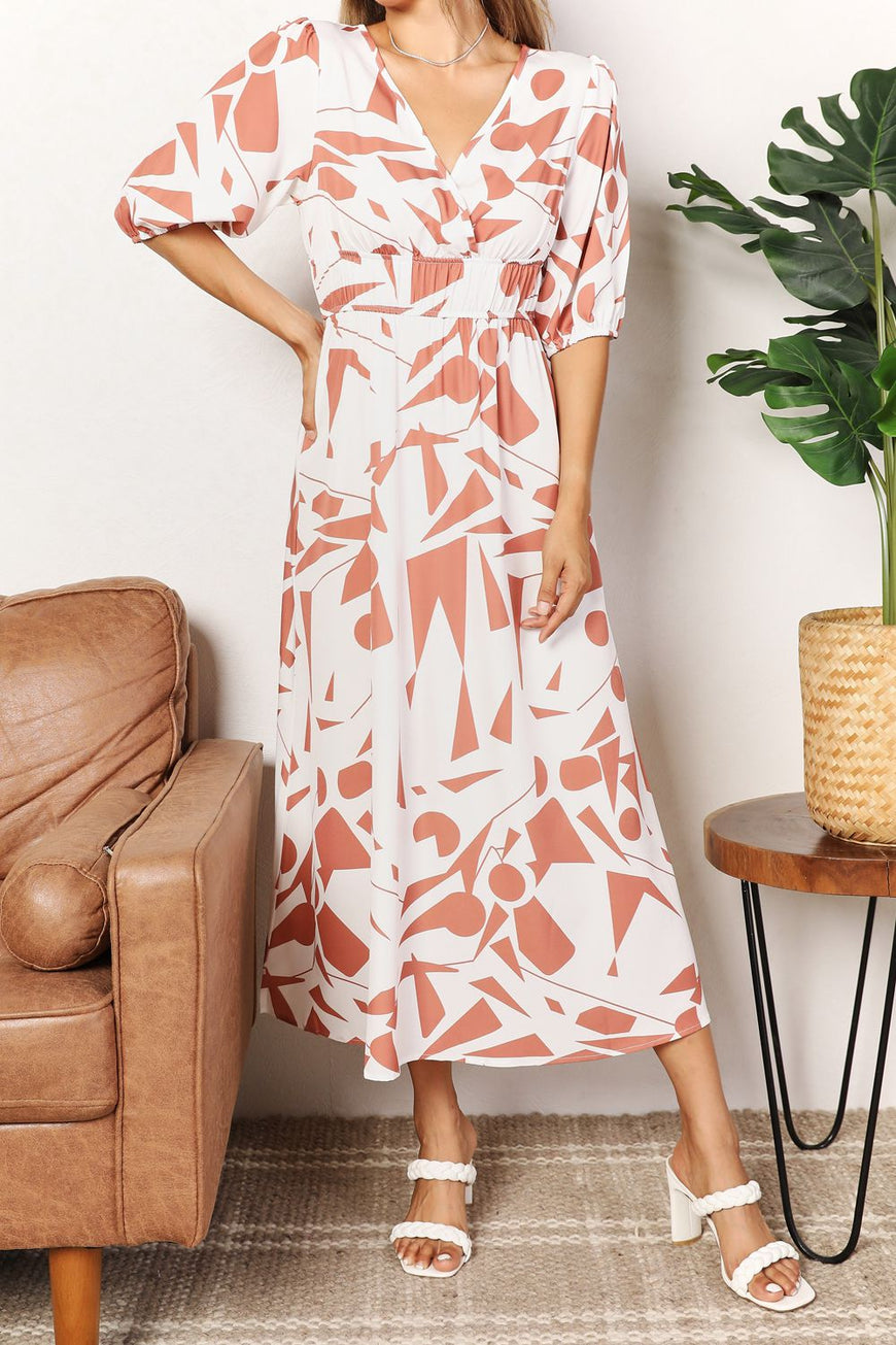 Double Take Printed Surplice Balloon Sleeve Dress - TopFashionHQ