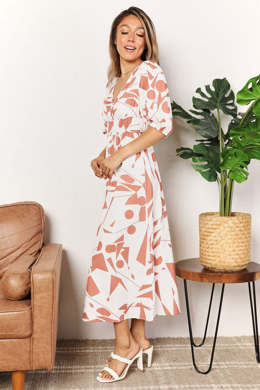 Double Take Printed Surplice Balloon Sleeve Dress - TopFashionHQ