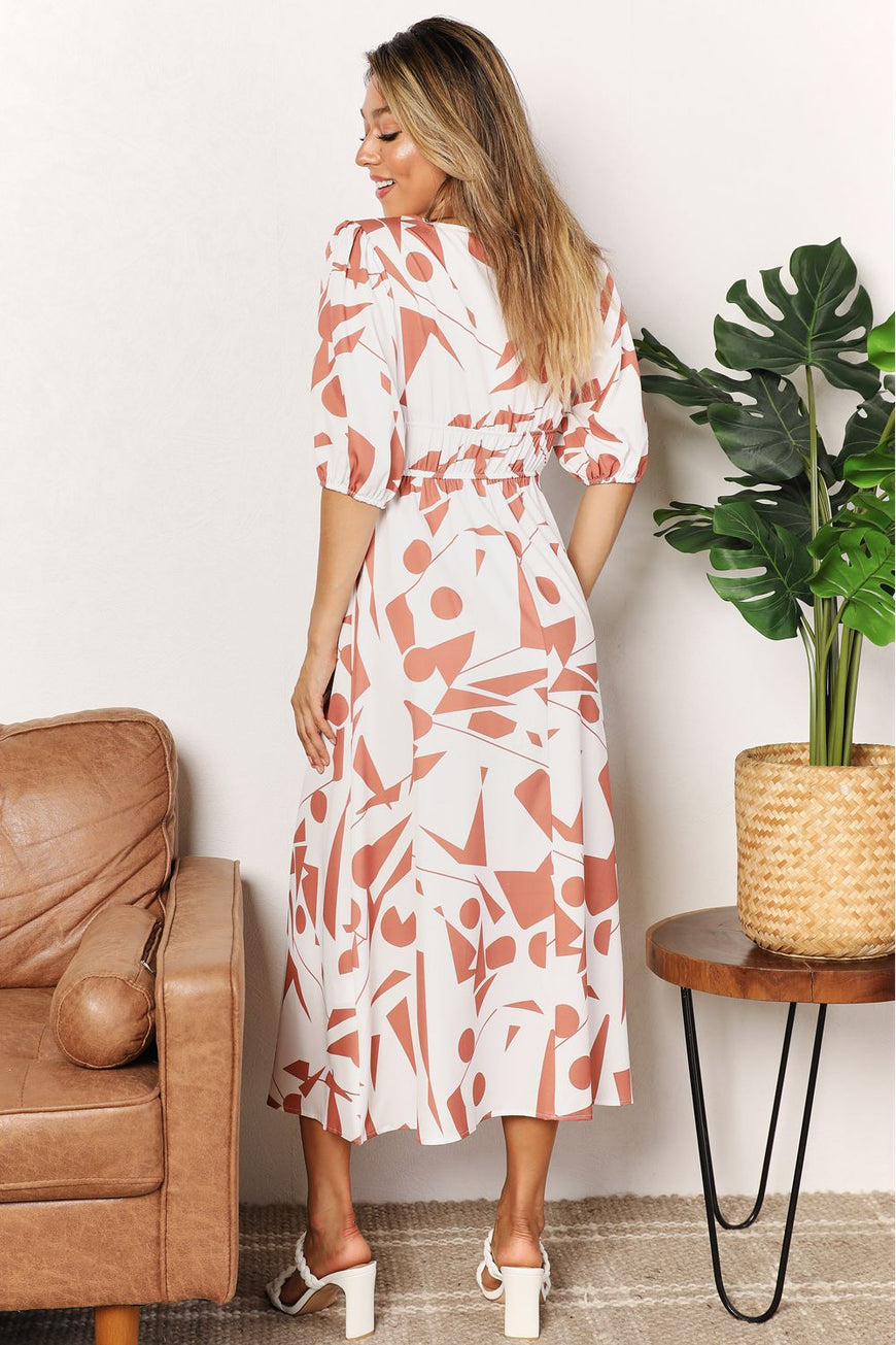 Double Take Printed Surplice Balloon Sleeve Dress - TopFashionHQ