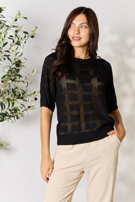 Double Take Ribbed Trim Round Neck Knit Top - TopFashionHQ