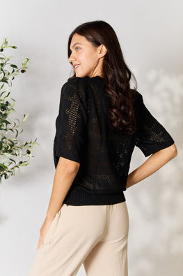 Double Take Ribbed Trim Round Neck Knit Top - TopFashionHQ