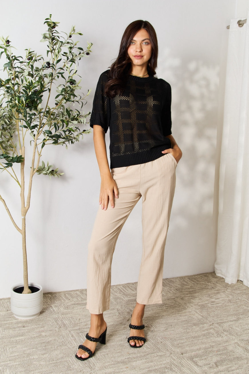 Double Take Ribbed Trim Round Neck Knit Top - TopFashionHQ