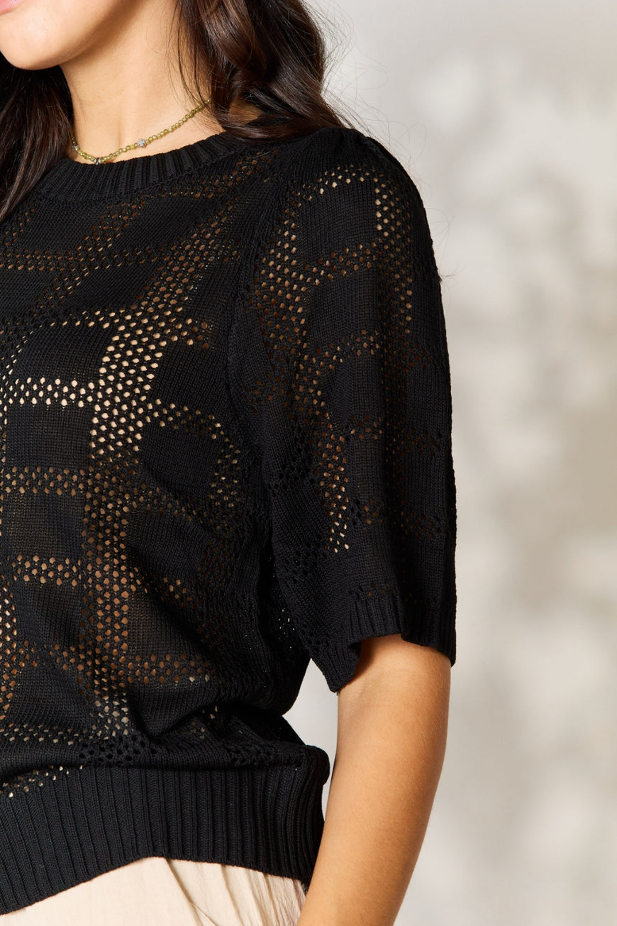 Double Take Ribbed Trim Round Neck Knit Top - TopFashionHQ