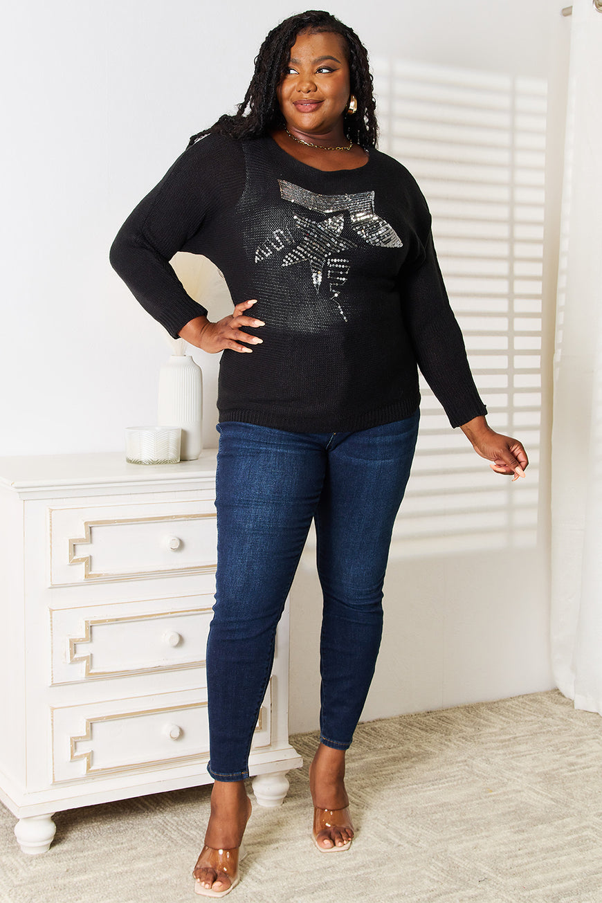 Double Take Sequin Graphic Dolman Sleeve Knit Top - TopFashionHQ