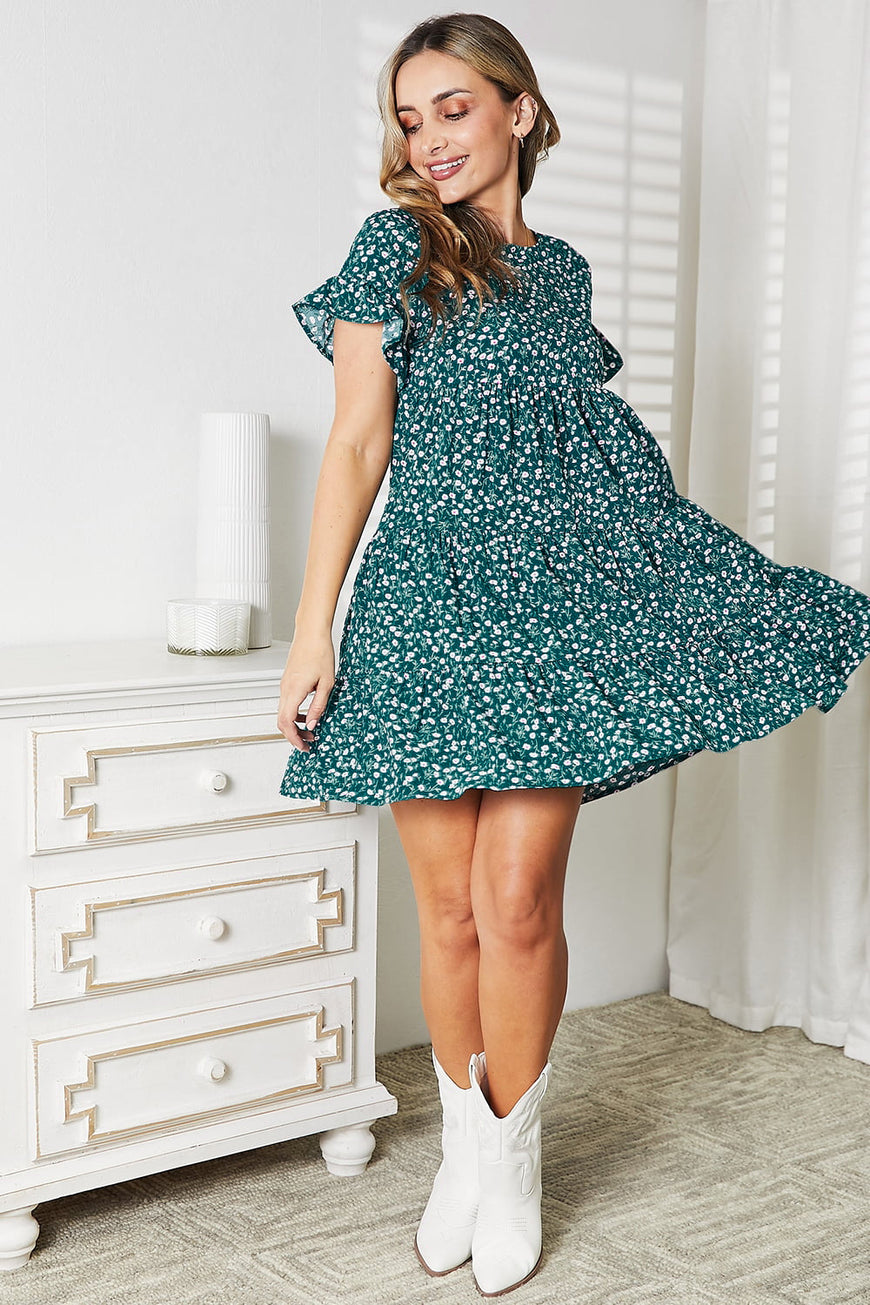 Double Take Short Flounce Sleeve Tiered Dress - TopFashionHQ