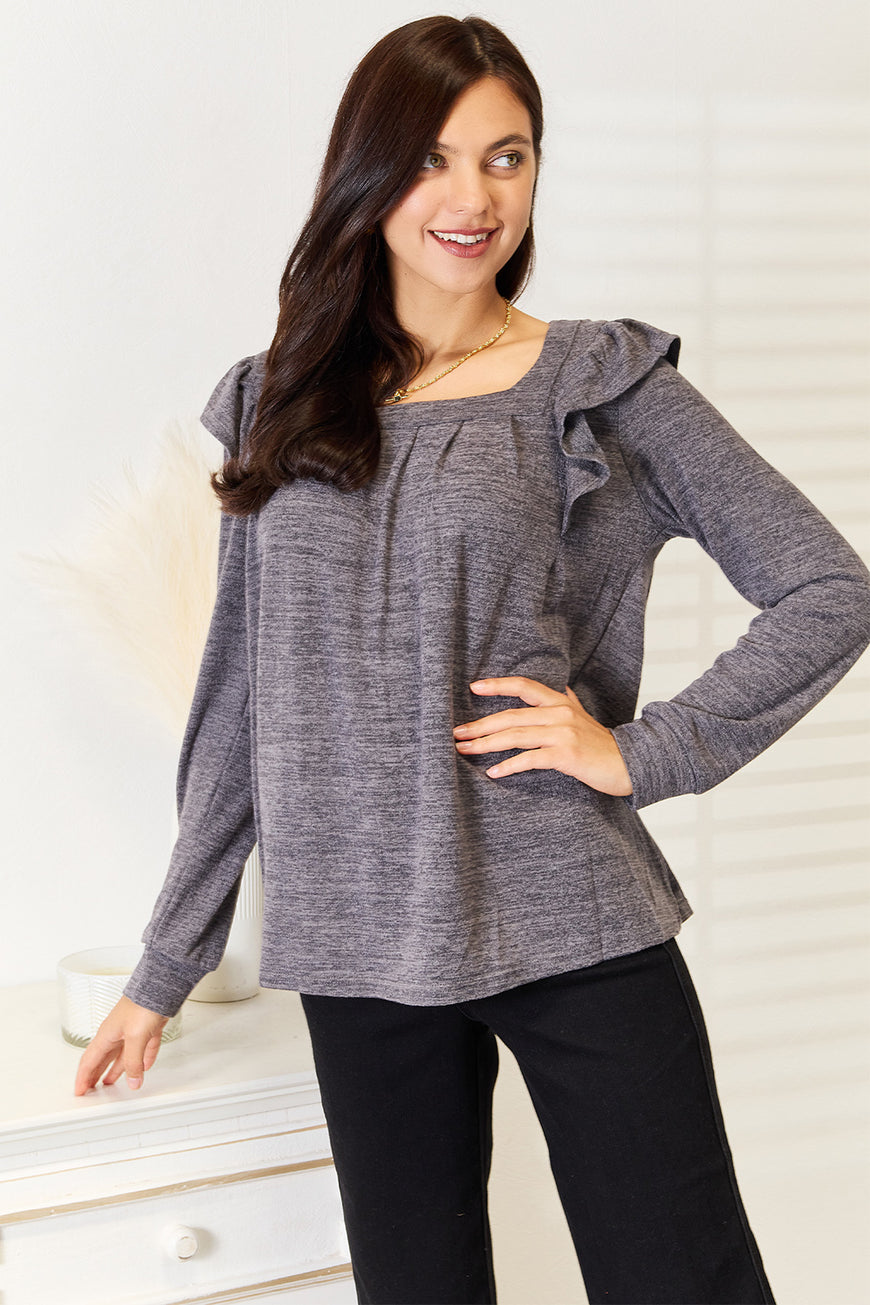 Double Take Square Neck Ruffle Shoulder Long Sleeve T-Shirt - TopFashionHQ