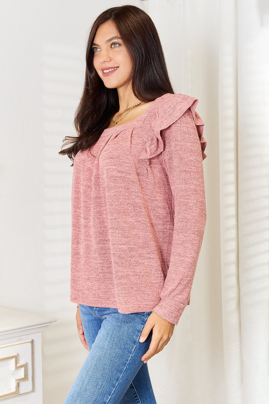 Double Take Square Neck Ruffle Shoulder Long Sleeve T-Shirt - TopFashionHQ