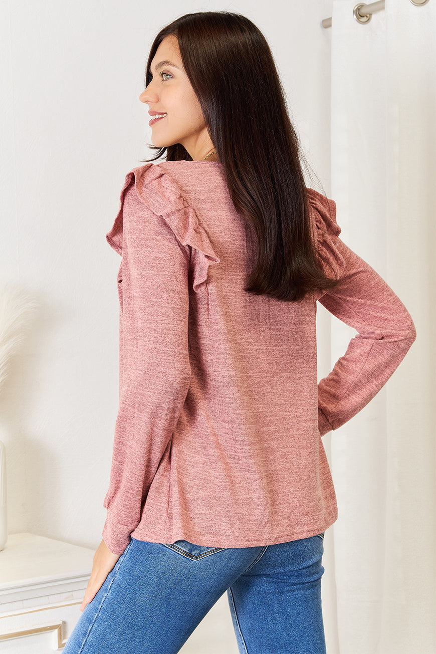 Double Take Square Neck Ruffle Shoulder Long Sleeve T-Shirt - TopFashionHQ