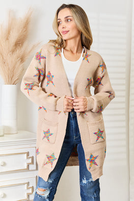 Double Take Star Pattern Open Front Longline Cardigan - TopFashionHQ