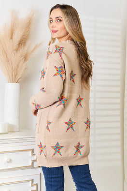 Double Take Star Pattern Open Front Longline Cardigan - TopFashionHQ