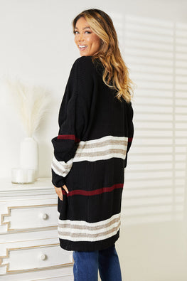 Double Take Striped Rib-Knit Drop Shoulder Open Front Cardigan - TopFashionHQ