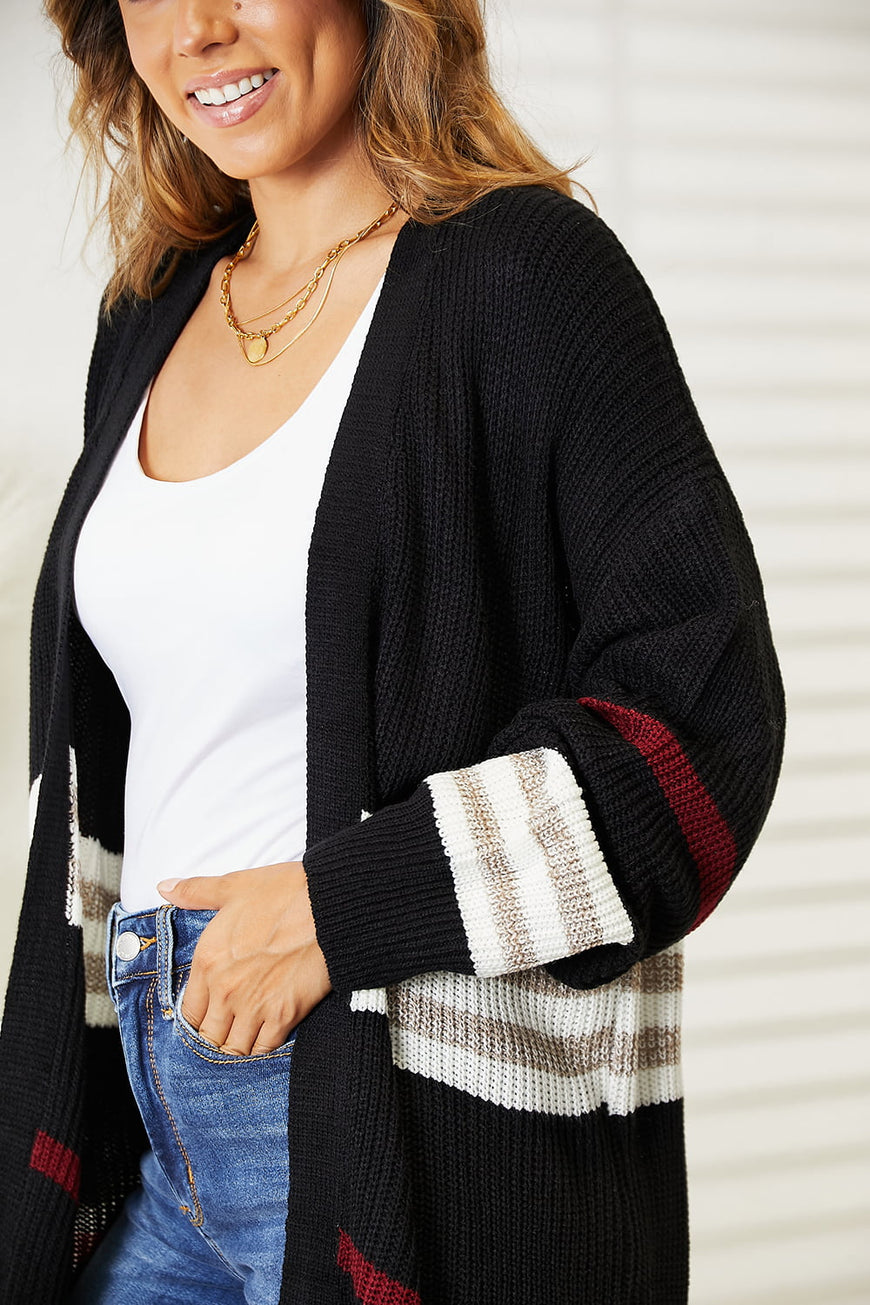 Double Take Striped Rib-Knit Drop Shoulder Open Front Cardigan - TopFashionHQ
