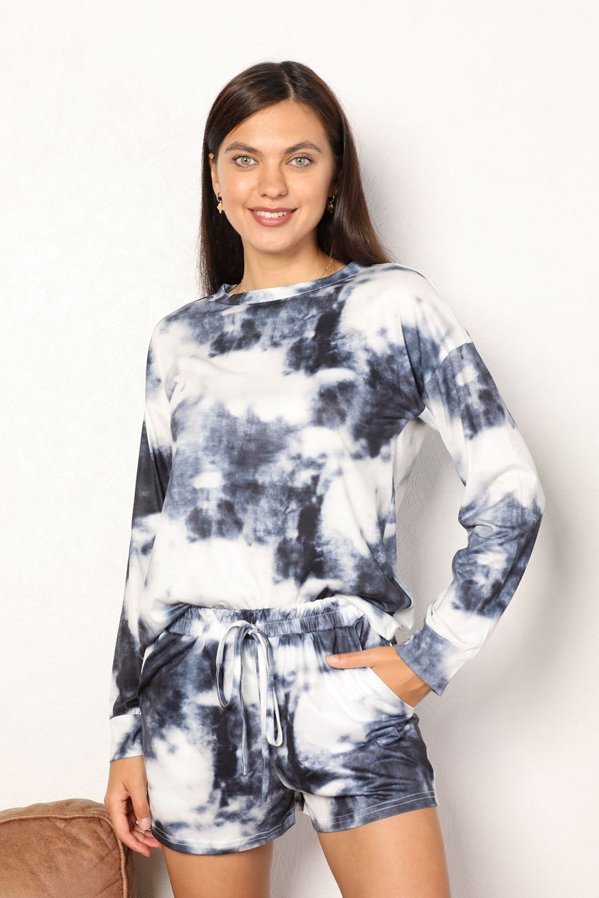 Double Take Tie-Dye Round Neck Top and Shorts Lounge Set - TopFashionHQ