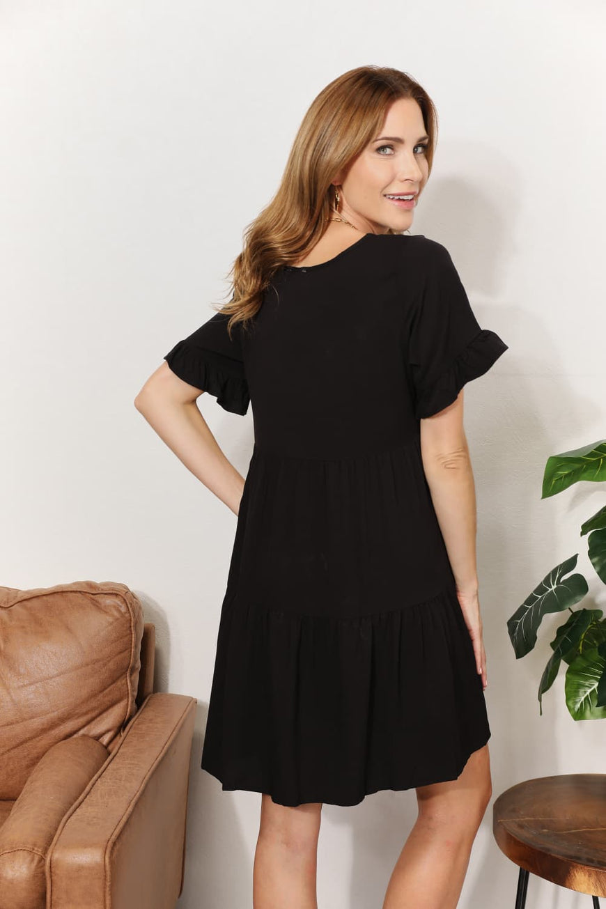 Double Take V-Neck Flounce Sleeve Tiered Dress - TopFashionHQ