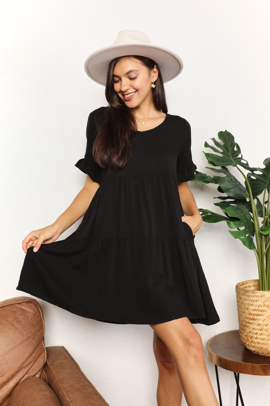 Double Take V-Neck Flounce Sleeve Tiered Dress - TopFashionHQ