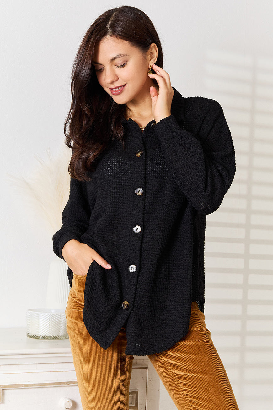 Double Take Waffle-Knit Collared Neck Dropped Shoulder Shirt - TopFashionHQ