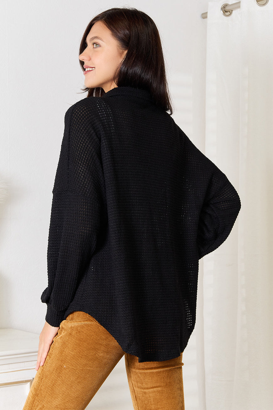 Double Take Waffle-Knit Collared Neck Dropped Shoulder Shirt - TopFashionHQ