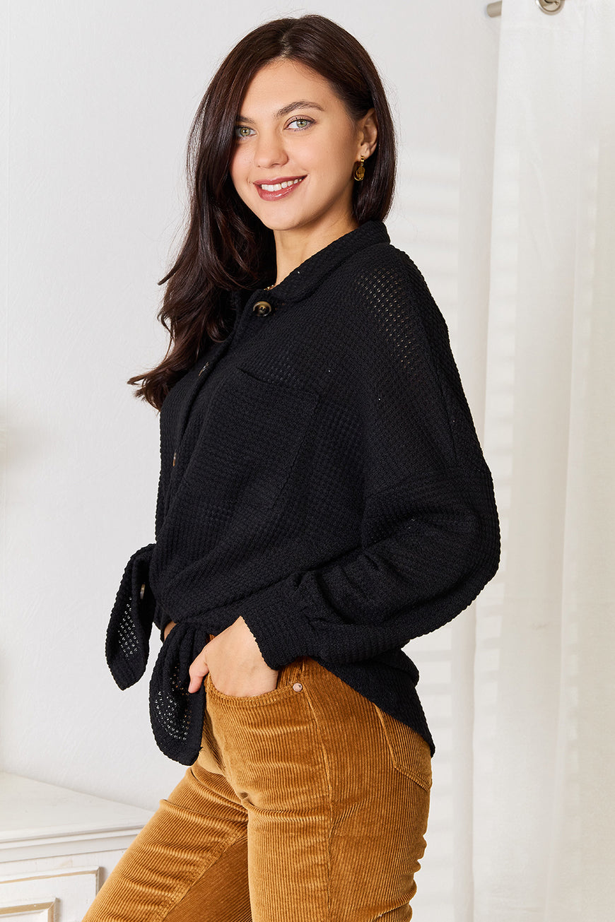Double Take Waffle-Knit Collared Neck Dropped Shoulder Shirt - TopFashionHQ