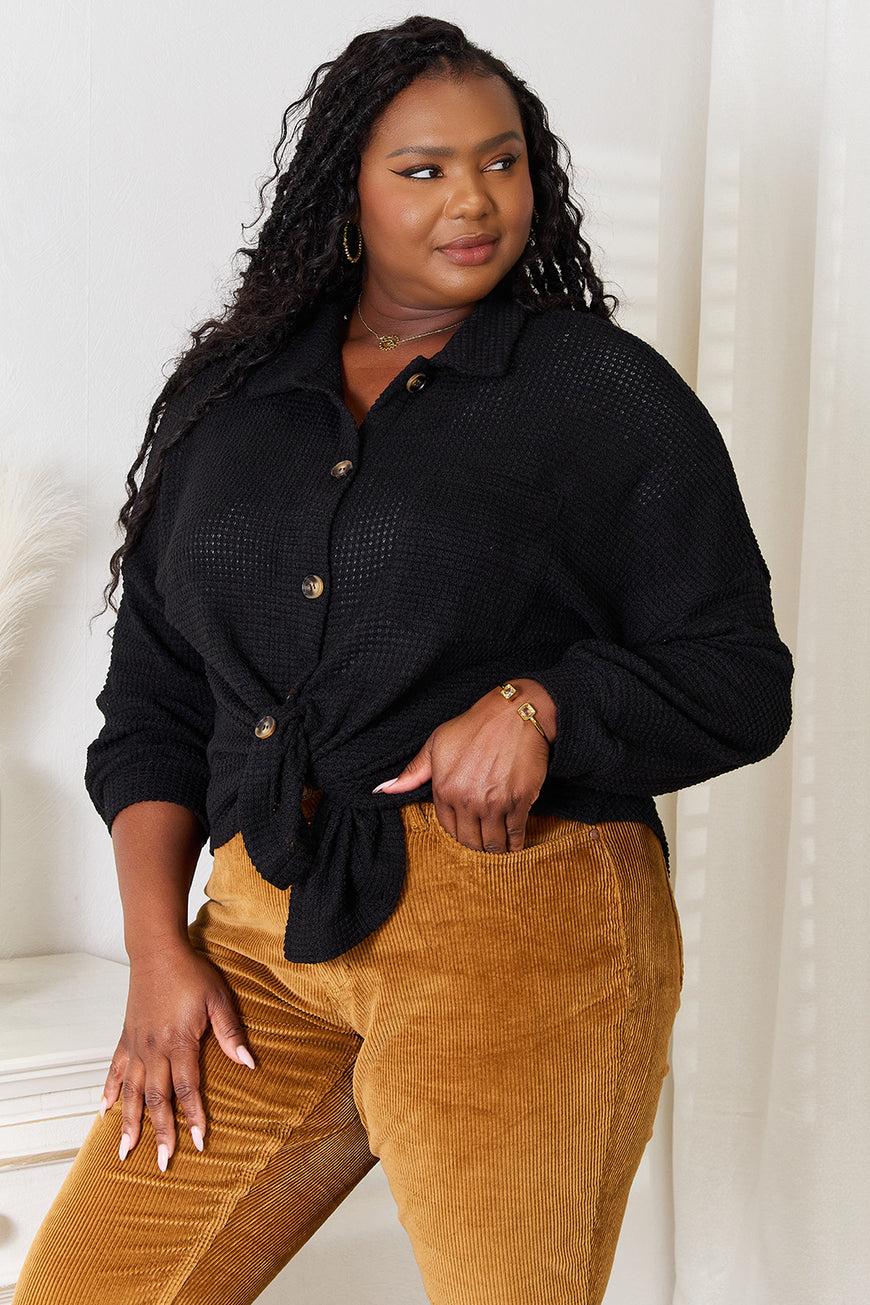 Double Take Waffle-Knit Collared Neck Dropped Shoulder Shirt - TopFashionHQ