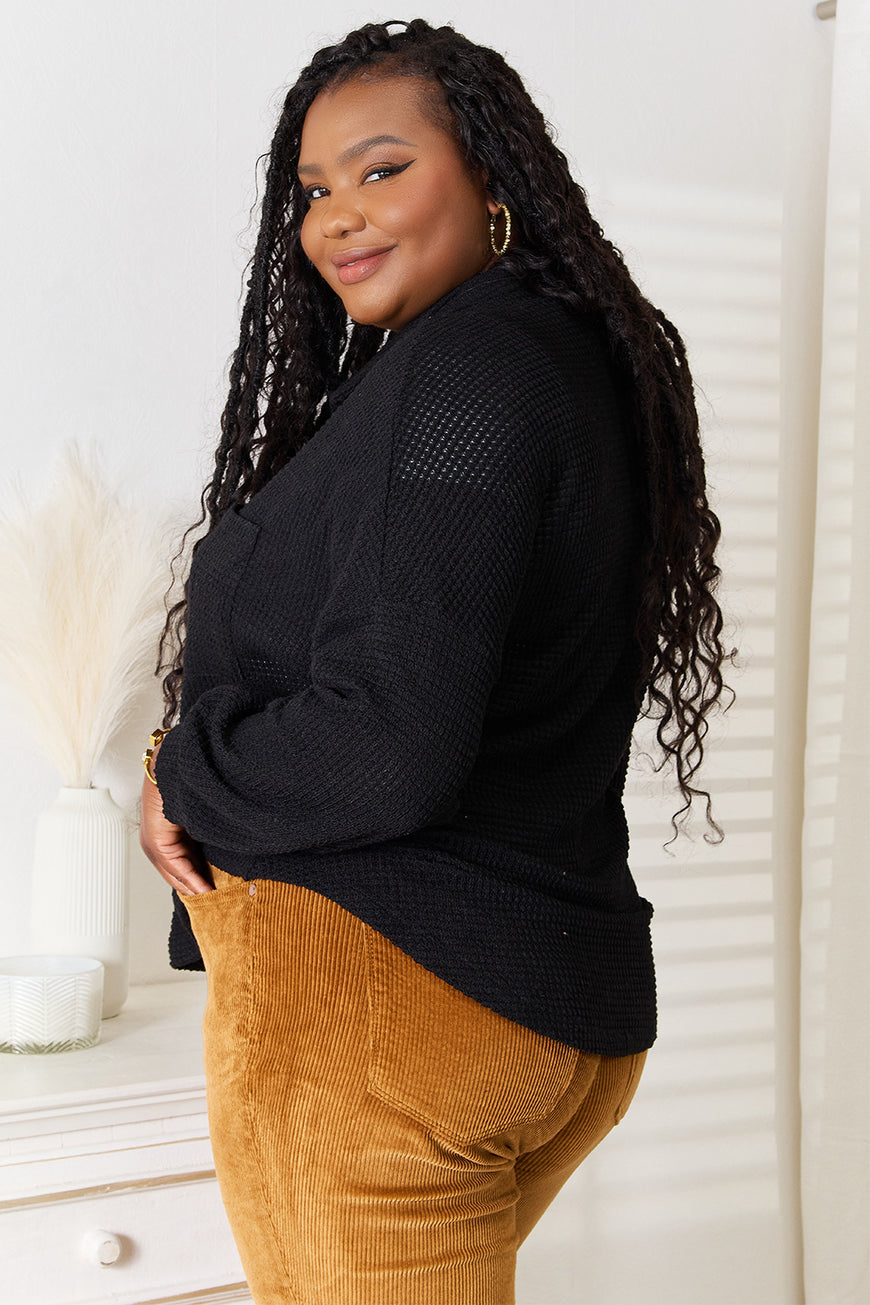 Double Take Waffle-Knit Collared Neck Dropped Shoulder Shirt - TopFashionHQ