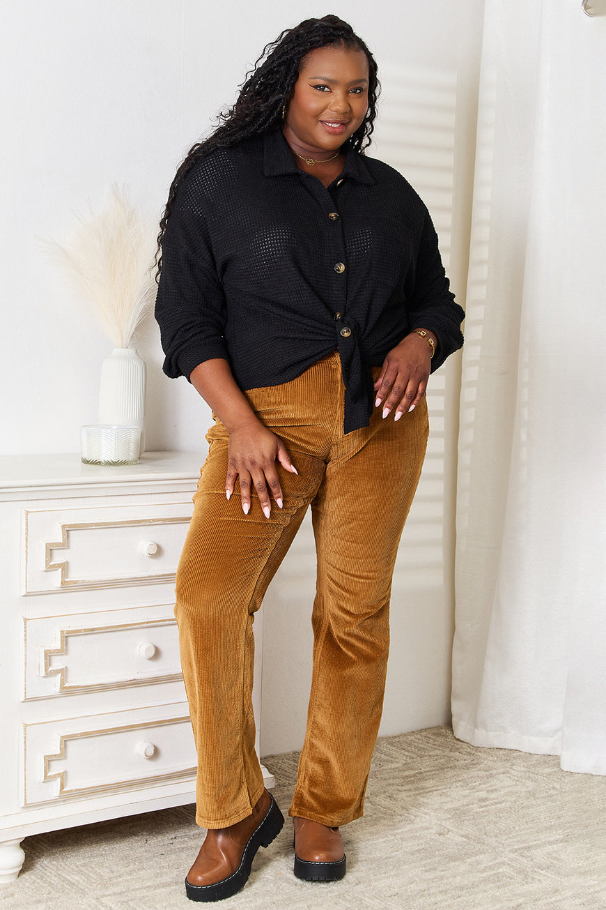 Double Take Waffle-Knit Collared Neck Dropped Shoulder Shirt - TopFashionHQ
