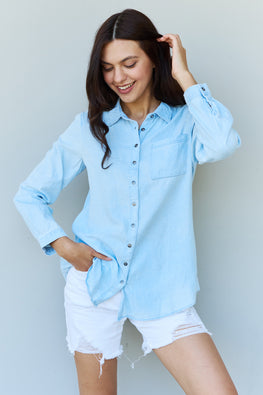 Doublju Blue Jean Baby Denim Button Down Shirt Top in Light Blue - TopFashionHQ