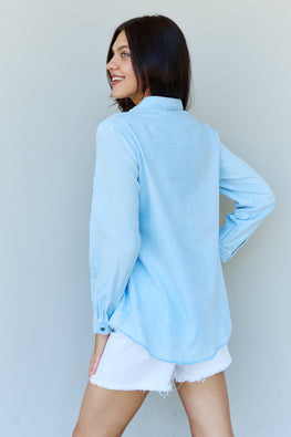 Doublju Blue Jean Baby Denim Button Down Shirt Top in Light Blue - TopFashionHQ