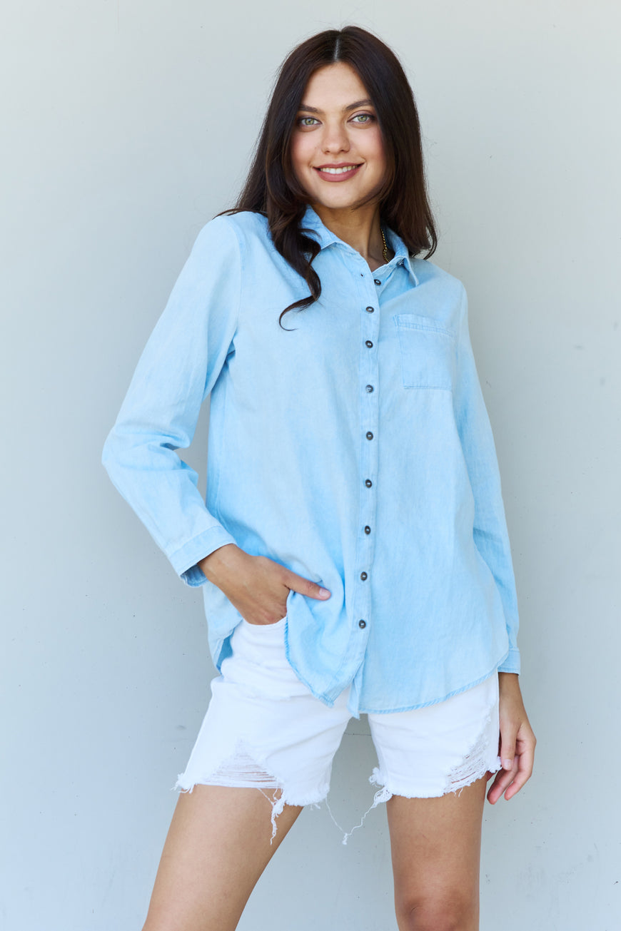 Doublju Blue Jean Baby Denim Button Down Shirt Top in Light Blue - TopFashionHQ