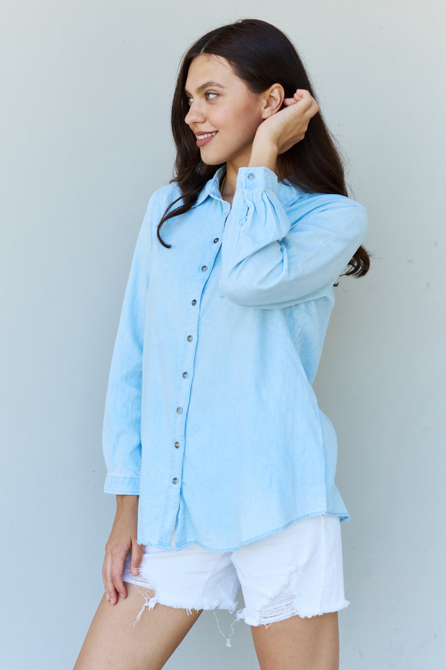 Doublju Blue Jean Baby Denim Button Down Shirt Top in Light Blue - TopFashionHQ