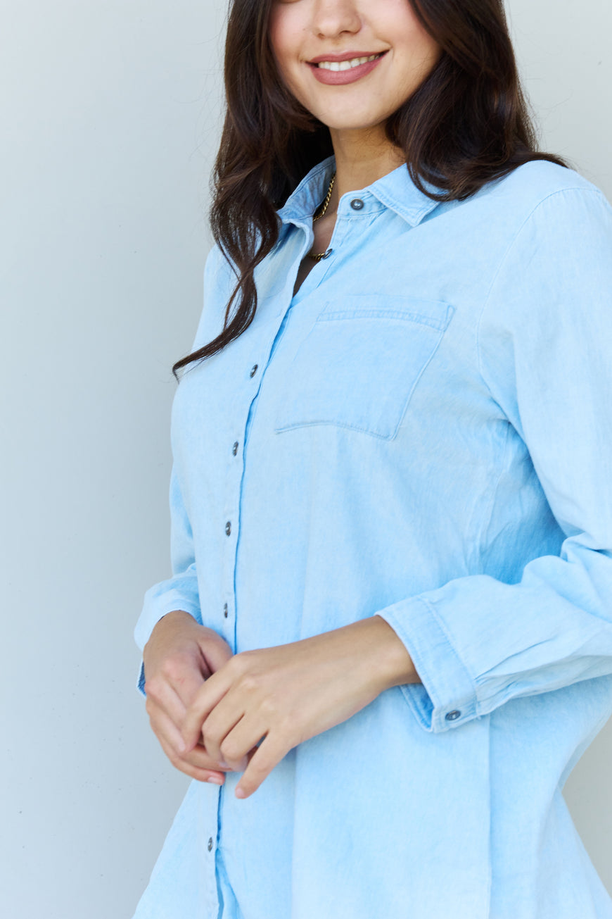 Doublju Blue Jean Baby Denim Button Down Shirt Top in Light Blue - TopFashionHQ