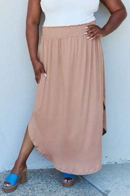 Doublju Comfort Princess Full Size High Waist Scoop Hem Maxi Skirt in Tan - TopFashionHQ